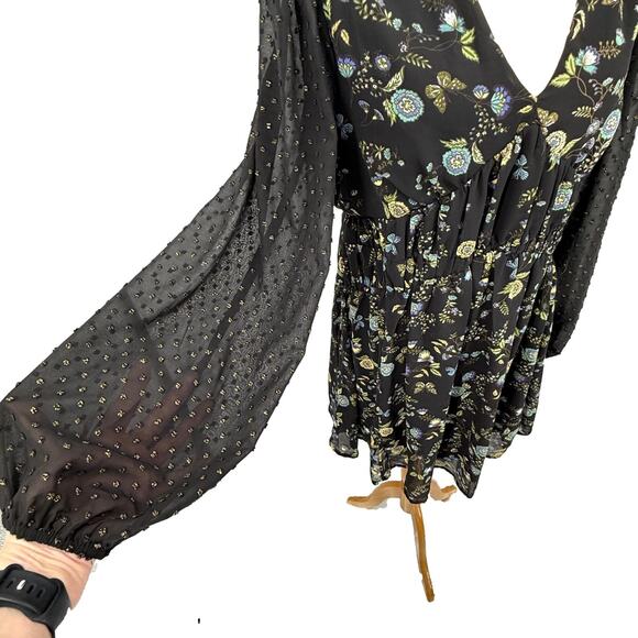 Umgee Mini Dress Womens L Floral Chiffon Swiss Dot Dark Romantic Fall Feminine - Picture 2 of 8
